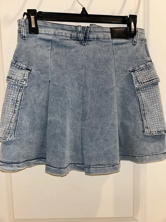Balboa Denim Mini Skirt with Rhinestone Cargo Pockets - Light Blue - Picture 7 of 7